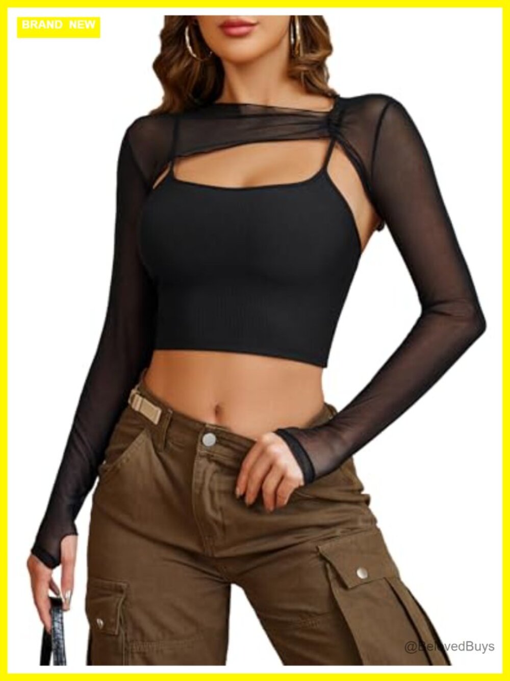 Sheer Mesh Long Sleeve Shrug Cover Up with Thumb Hole & Cami Top 2 Piece Set